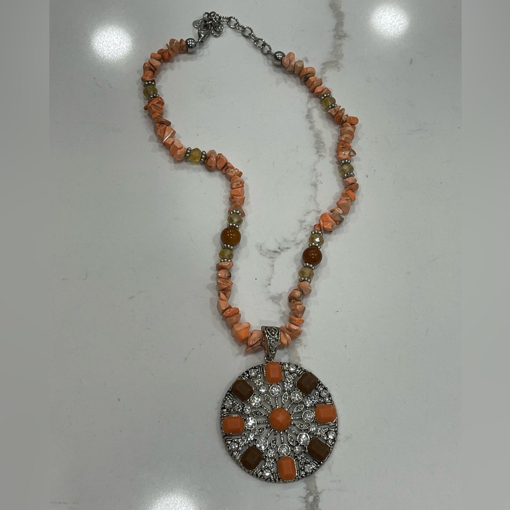 JS SIGNED SILVER & CORAL COLOR NECKLACE